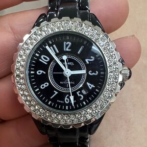 CHANEL Black and Silver Crystal-Embellished Watch
